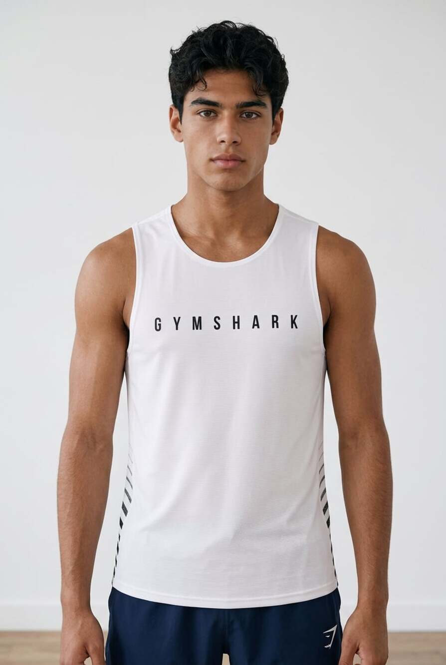 Gymshark White Training Tank Top with Black Logo and Striped Sides Size L